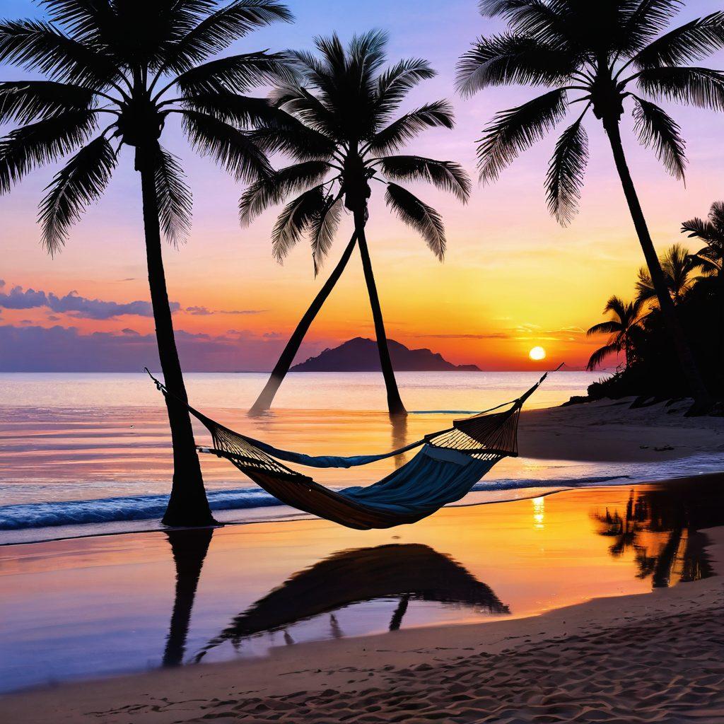 A serene shoreline at sunset, with gentle waves lapping at golden sand, palm trees swaying in a soft breeze, and a cozy hammock strung between two trees, inviting relaxation. Include a pastel-colored sky reflecting on the water and ensure a sense of tranquility and escape. super-realistic. vibrant colors. peaceful atmosphere.