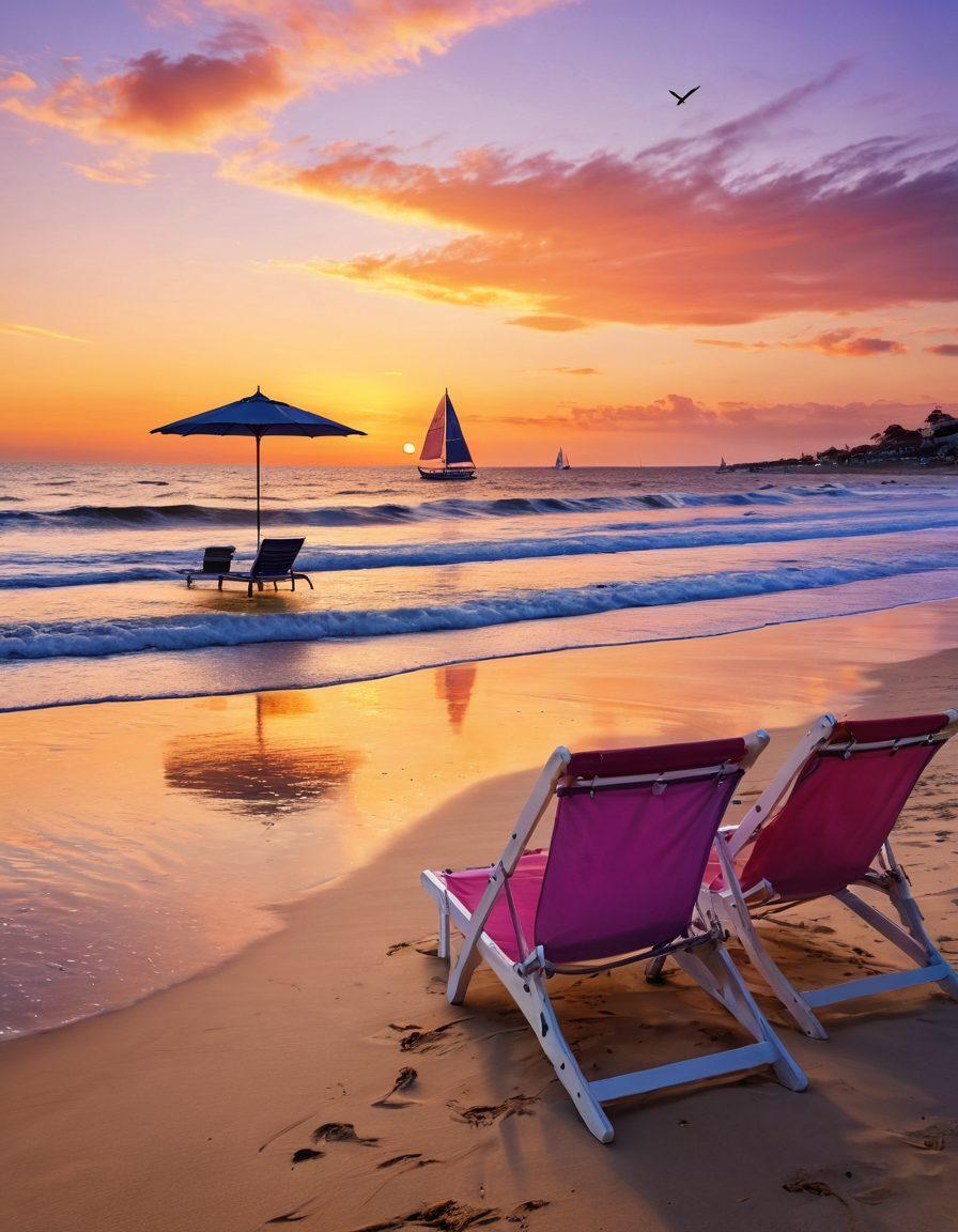 A breathtaking view of a serene beach at sunset, with soft waves lapping against the shore. In the foreground, colorful beach umbrellas and lounge chairs are scattered on golden sand, inviting relaxation. A sailboat glides peacefully in the distance, while seagulls soar above. The sky is a palette of orange, pink, and purple, reflecting off the tranquil waters. Enhance with a dreamy, tropical vibe. super-realistic. vibrant colors. sunset backdrop.