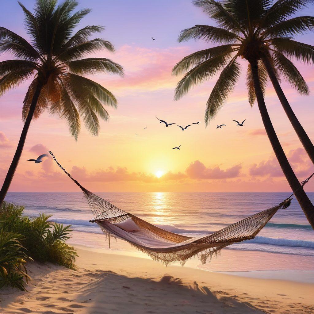 A serene oceanfront scene at sunrise, with gentle waves lapping against a sandy beach, a cozy hammock strung between two palm trees, lush greenery surrounding the area, and a soft glow of yellow and pink hues illuminating the sky. A couple joyfully walking along the shore, with seagulls soaring above, embodying tranquility and bliss. vibrant colors. super-realistic.